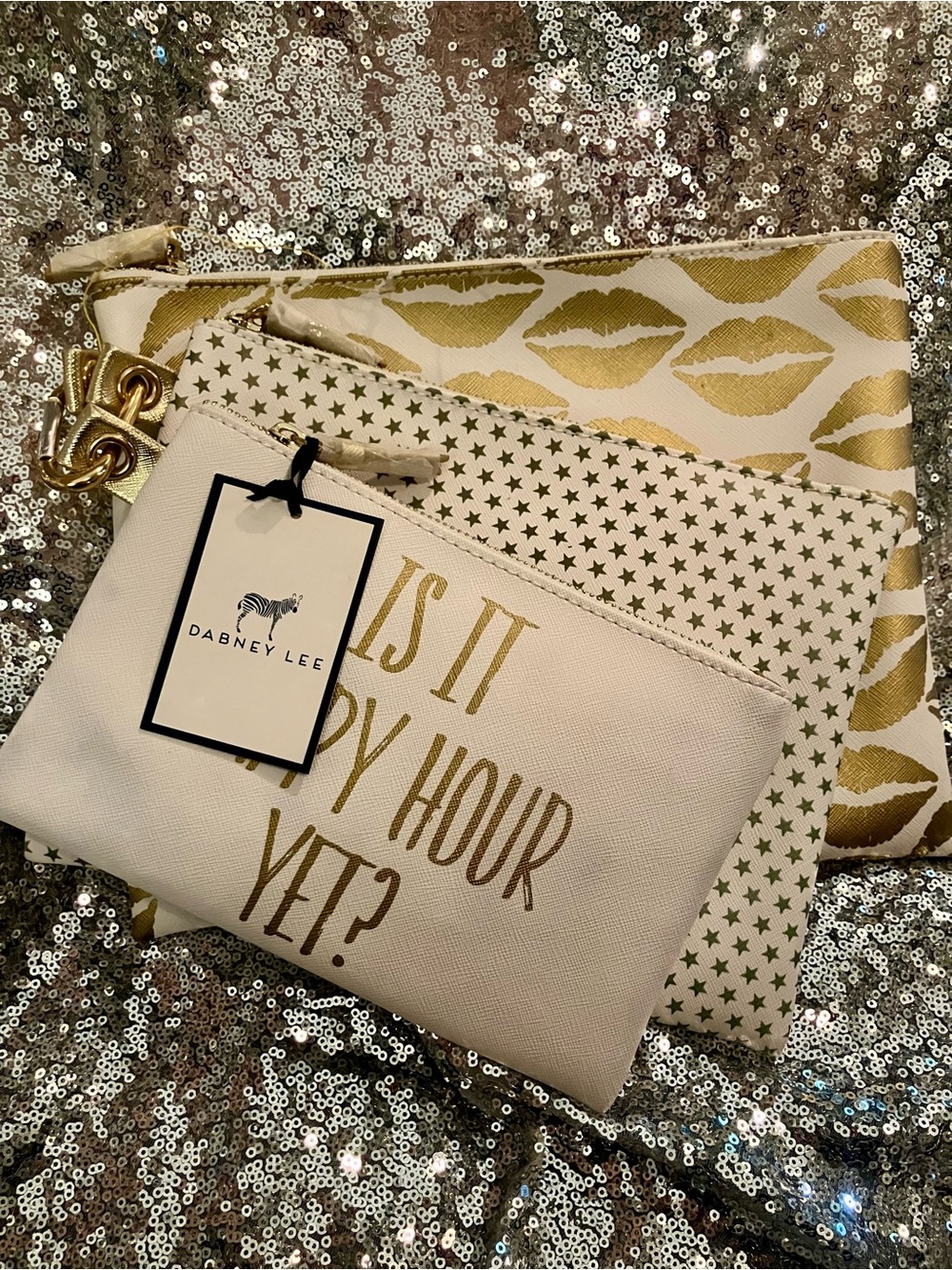 NWT Dabney Lee White and Metallic Gold Pouch Trio